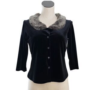 Vol.1 Vintage Black Velvet Top Faux Fur Collar Button Down Elegant Retro Chic